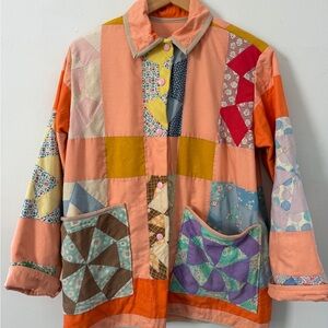 Vintage Patchwork Quilted Jean Jacket in Peach & Mustard with Multi Accents